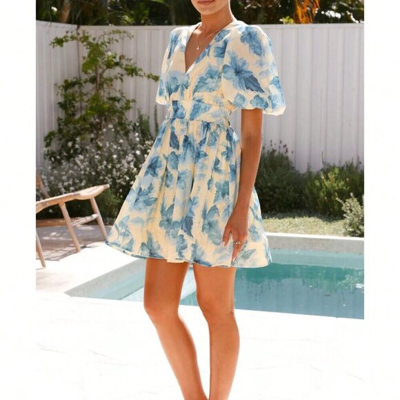 Blue Elegant Women's Floral V-Neck Gathered Waist Petal Sleeve A-Line Mini Dress - Picture 6 of 9